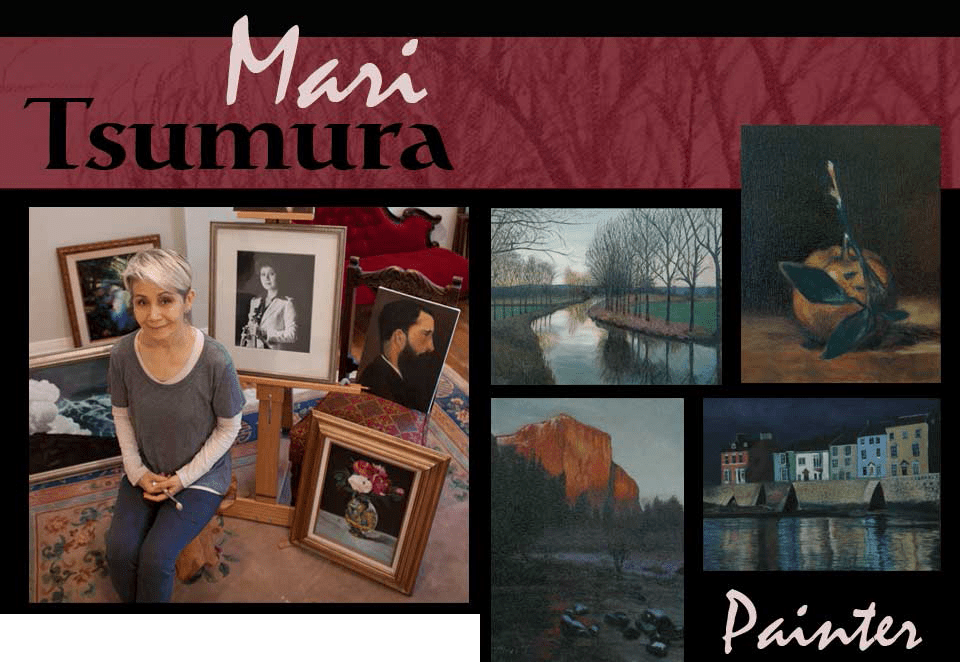 Mari Tsumura sits in her studio surrounded by her paintings