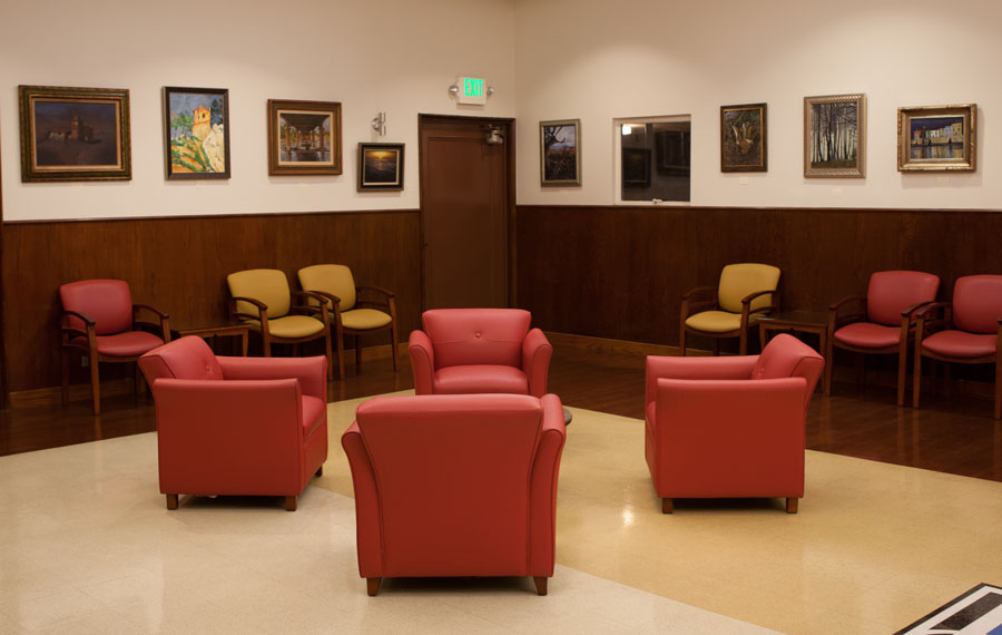 Red seating area in a waiting room